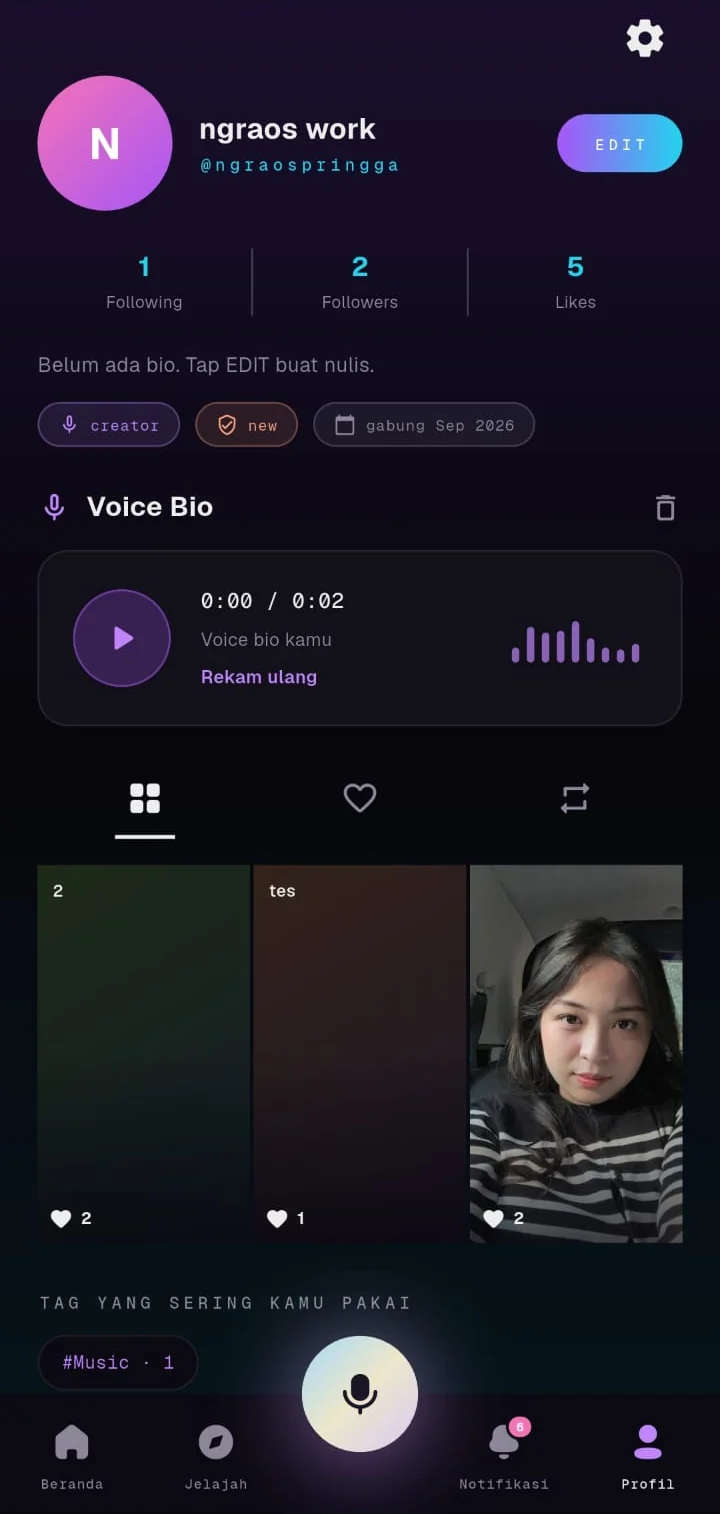 Ngraos profile screen with a Voice Bio